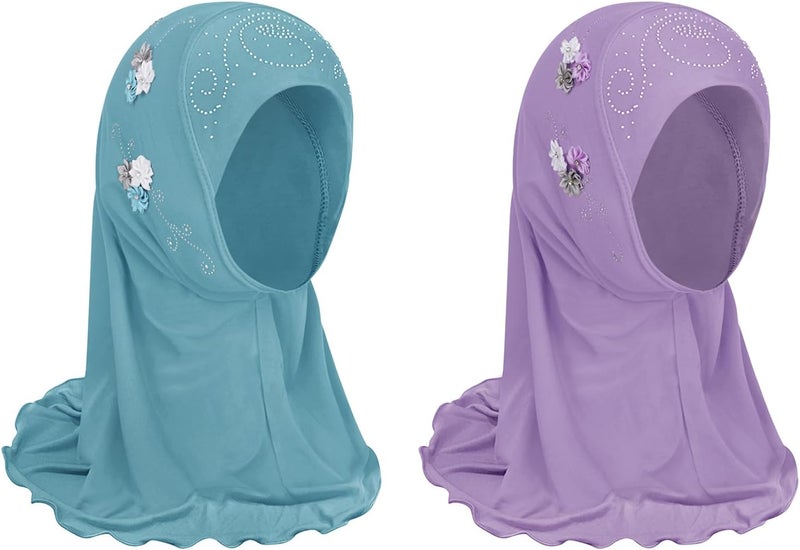 Clobeau Muslim Hijab Girls Hijab Scarfs Head Wrap Scarf, Islamic Scarf Shawls Lace Headscarf Cap, Plain Hijabs for Girls Age 2-6 - Image 1